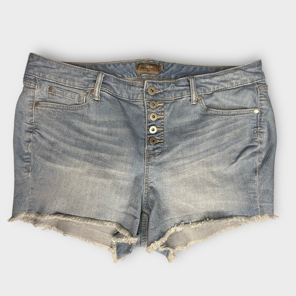 torrid Pants - Torrid Stretch Denim Mid Rise Button Fly Blue Jean Shorts Cut Offs Size 18